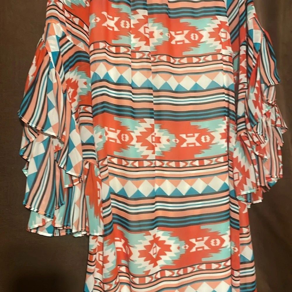 Navajo Print Shirt Womens Top orange teal white black size medium Ruffle sleeves - Picture 6 of 6